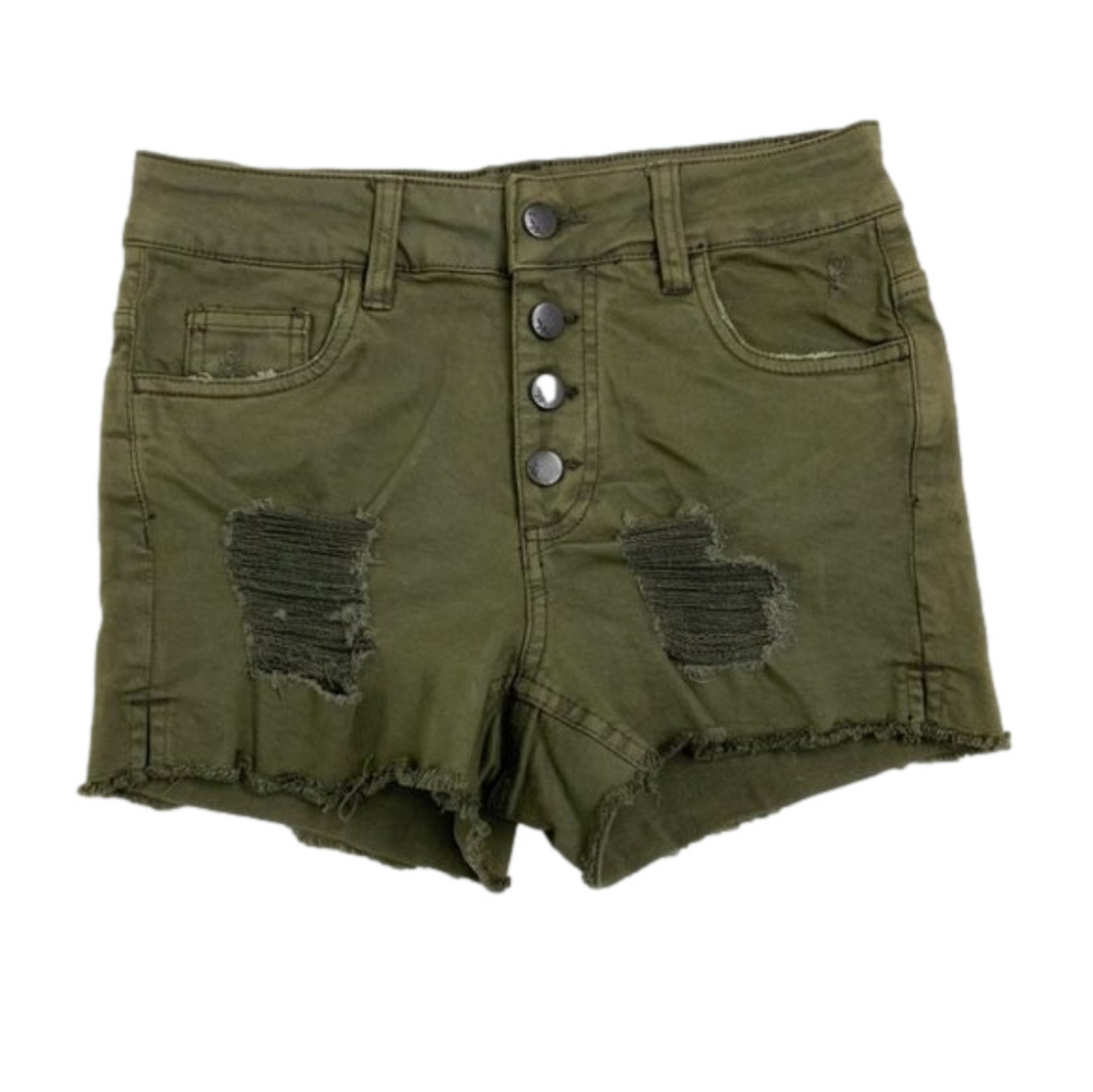 HARLOW Green Distressed Shorts with painted pocket